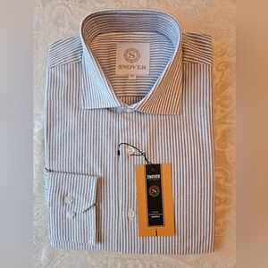 100% Cotton Black Grey White Striped Formal Button Down Shirt, 40 Snover, NWT